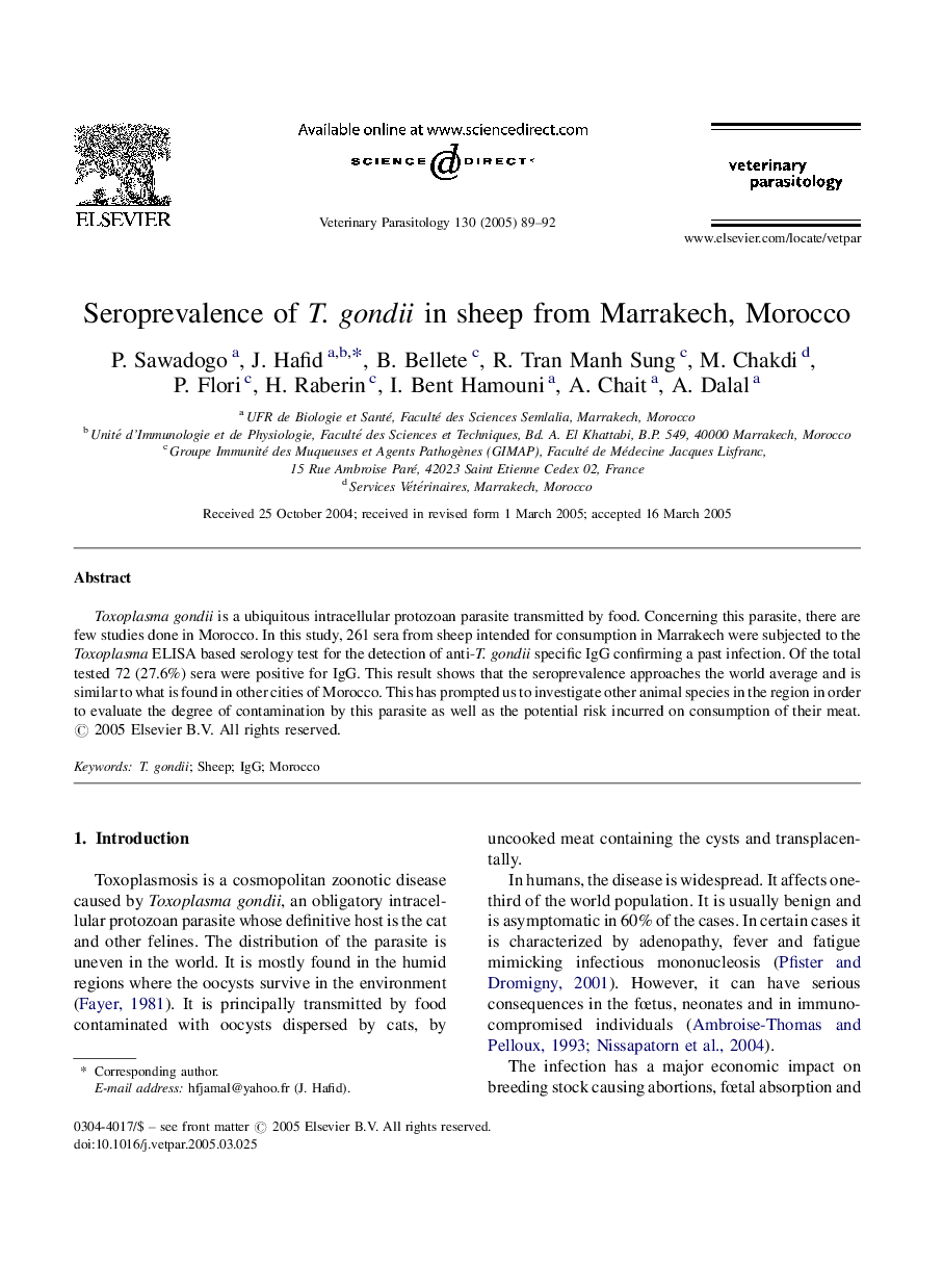 Seroprevalence of T. gondii in sheep from Marrakech, Morocco