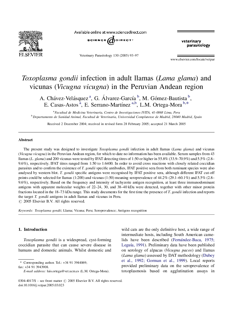 Toxoplasma gondii infection in adult llamas (Lama glama) and vicunas (Vicugnavicugna) in the Peruvian Andean region