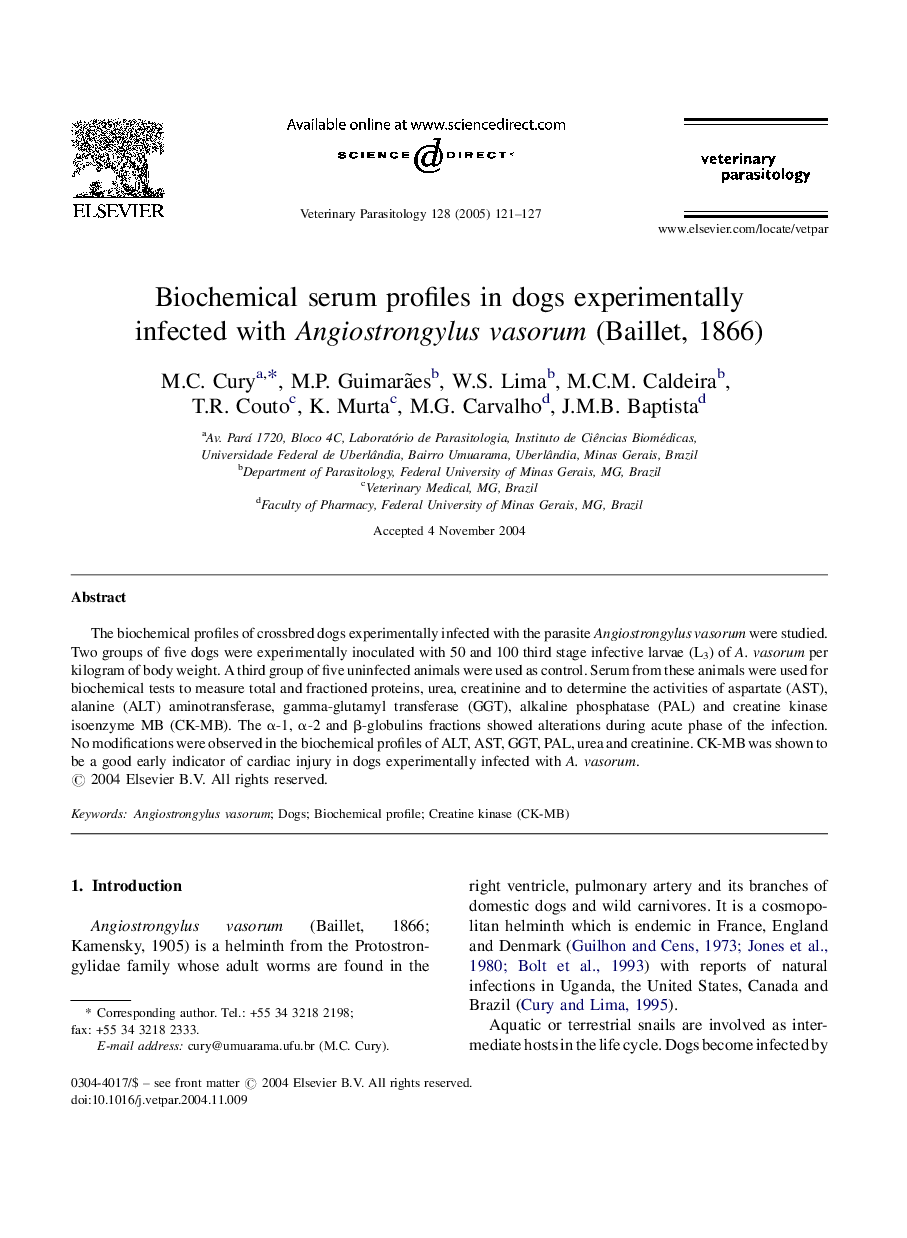 Biochemical serum profiles in dogs experimentally infected with Angiostrongylus vasorum (Baillet, 1866)