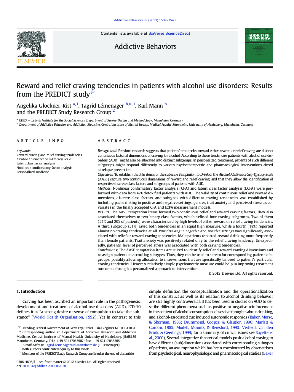 عکس صفحه اول مقاله: Reward and relief craving tendencies in patients with alcohol use disorders: Results from the PREDICT study Reward and relief craving tendencies in patients with alcohol use disorders: Results from the PREDICT study