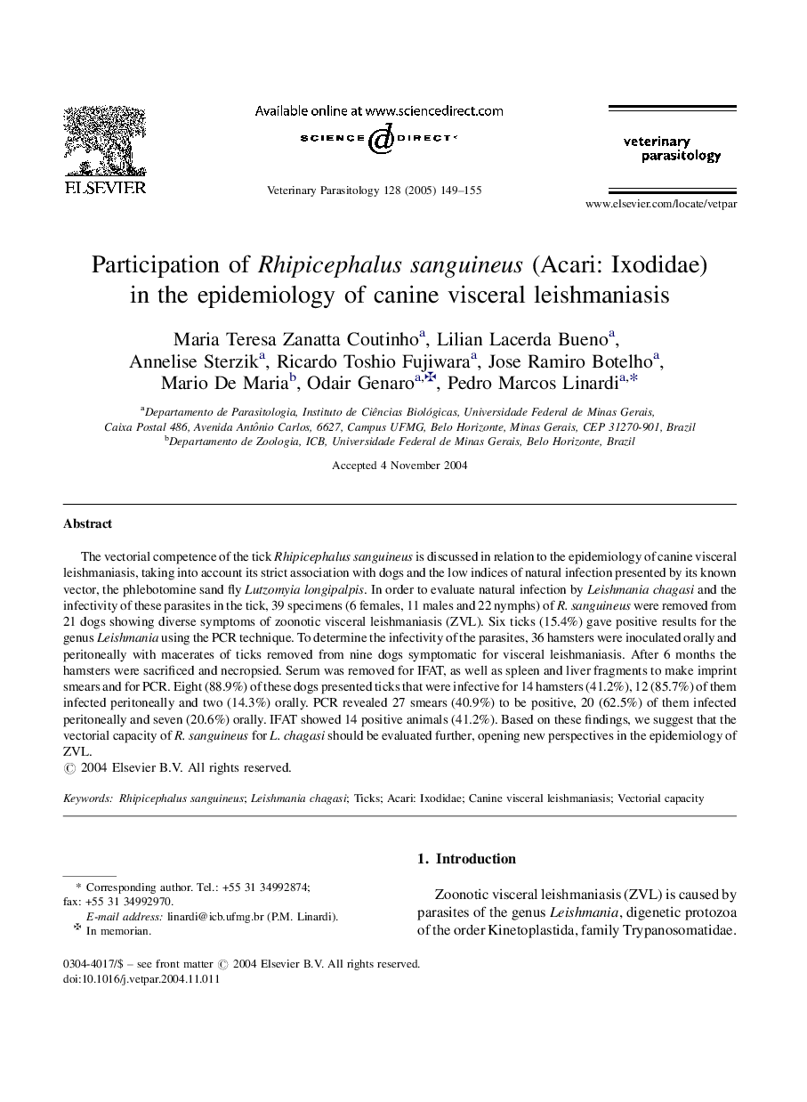 Participation of Rhipicephalus sanguineus (Acari: Ixodidae) in the epidemiology of canine visceral leishmaniasis