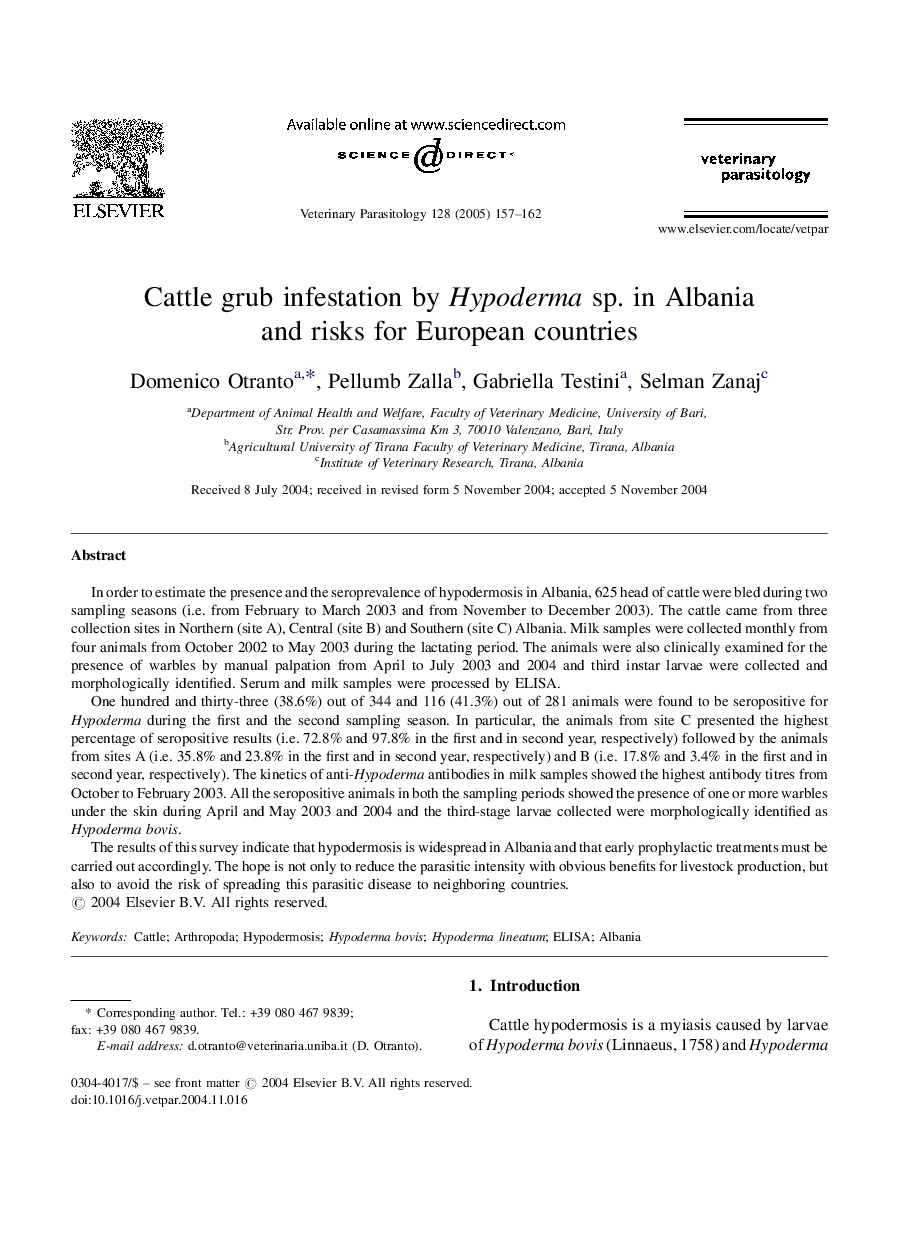 Cattle grub infestation by Hypoderma sp. in Albania and risks for European countries