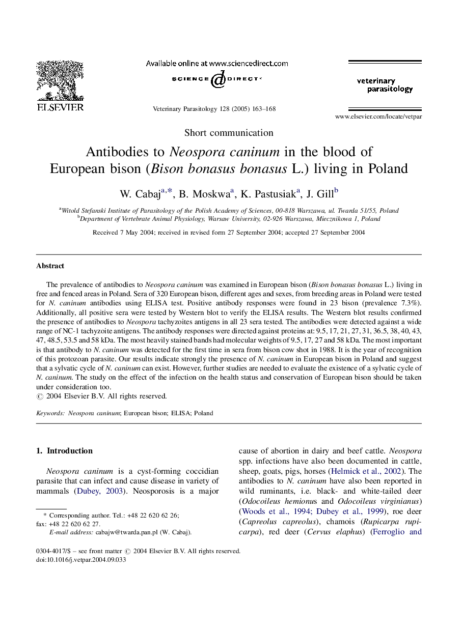 Antibodies to Neospora caninum in the blood of European bison (Bison bonasus bonasus L.) living in Poland