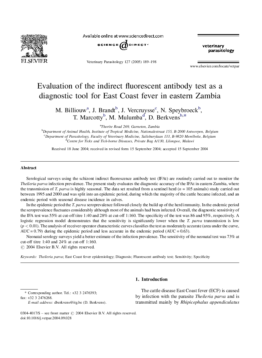 Evaluation of the indirect fluorescent antibody test as a diagnostic tool for East Coast fever in eastern Zambia