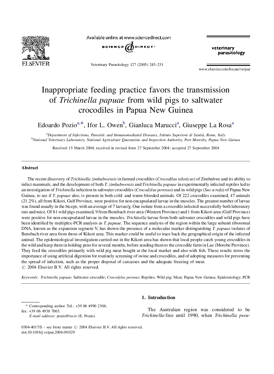 Inappropriate feeding practice favors the transmission of Trichinella papuae from wild pigs to saltwater crocodiles in Papua New Guinea