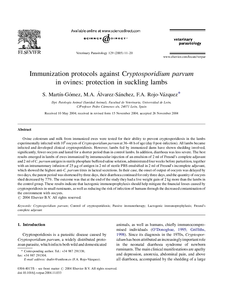 Immunization protocols against Cryptosporidium parvum in ovines: protection in suckling lambs