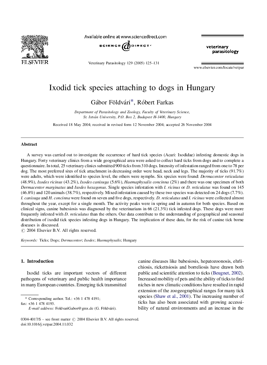 Ixodid tick species attaching to dogs in Hungary