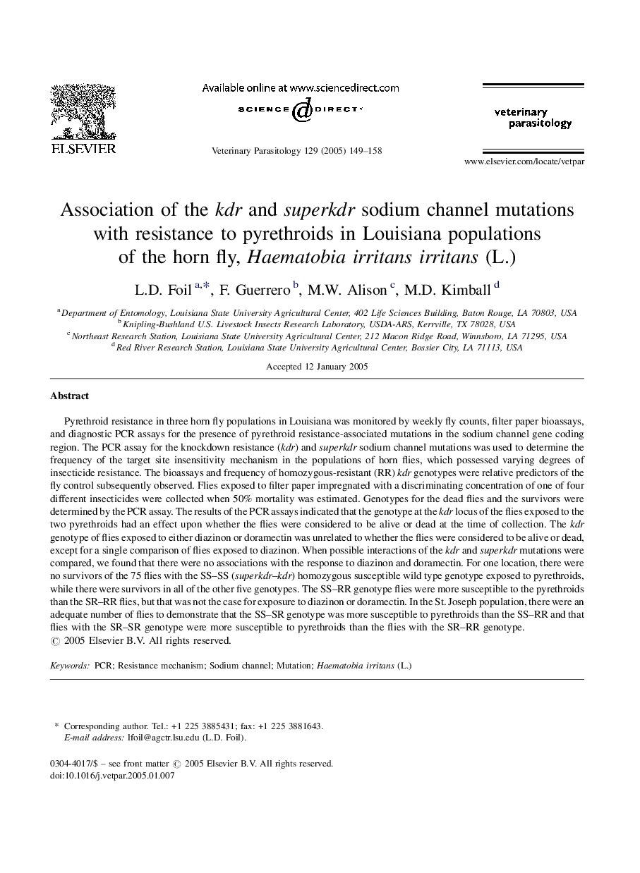 Association of the kdr and superkdr sodium channel mutations with resistance to pyrethroids in Louisiana populations of the horn fly, Haematobia irritans irritans (L.)