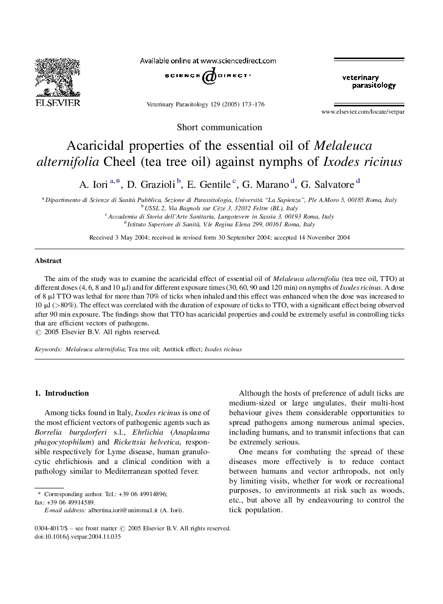 Acaricidal properties of the essential oil of Melaleuca alternifolia Cheel (tea tree oil) against nymphs of Ixodes ricinus