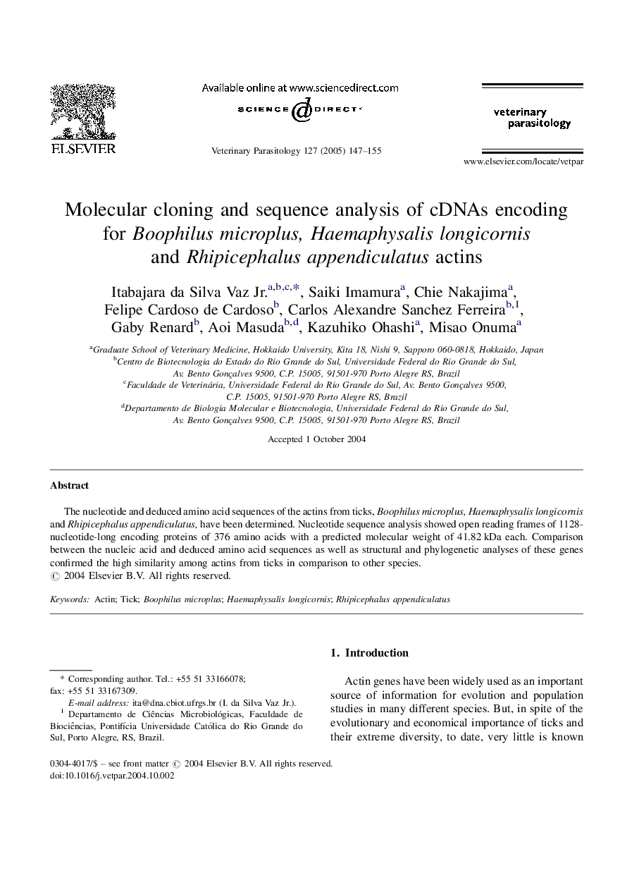 Molecular cloning and sequence analysis of cDNAs encoding for Boophilus microplus, Haemaphysalis longicornis and Rhipicephalus appendiculatus actins