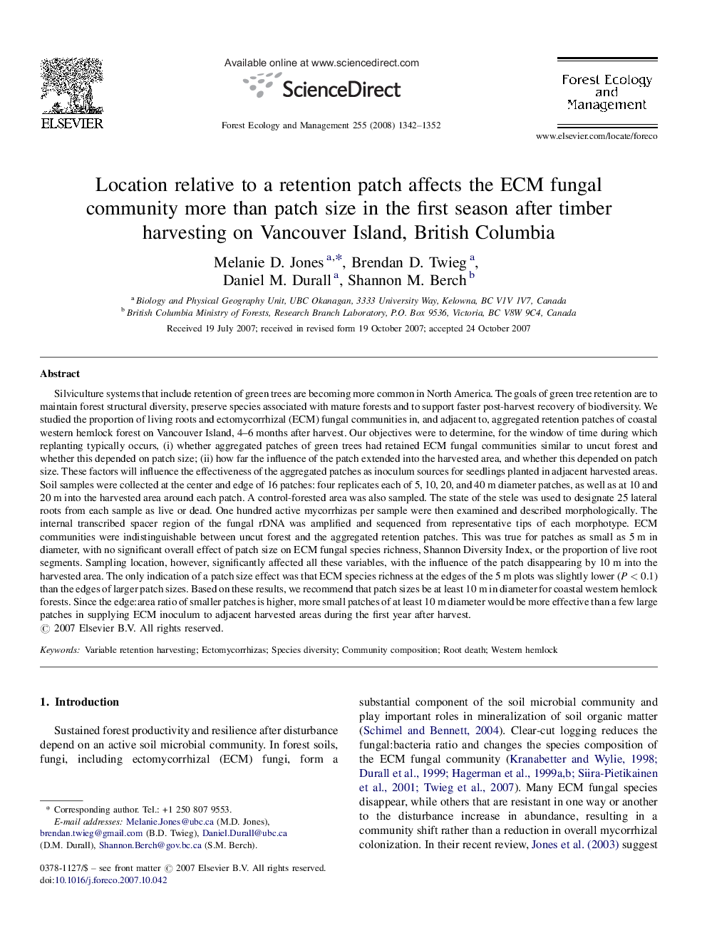 Location relative to a retention patch affects the ECM fungal community more than patch size in the first season after timber harvesting on Vancouver Island, British Columbia