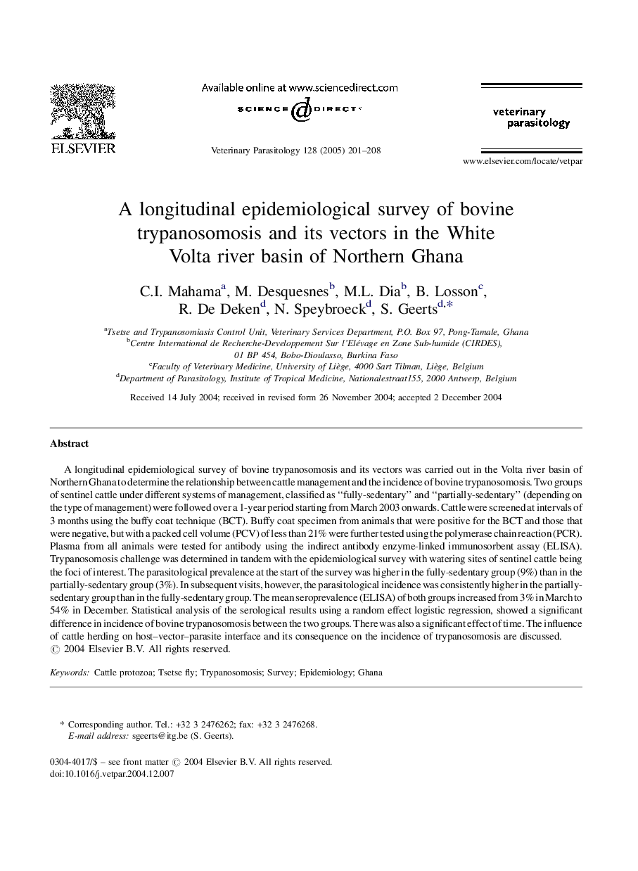 A longitudinal epidemiological survey of bovine trypanosomosis and its vectors in the White Volta river basin of Northern Ghana