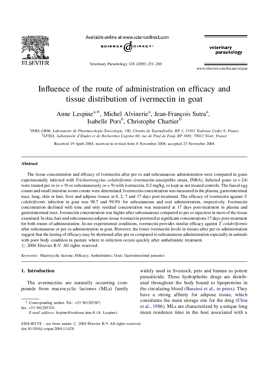 Influence of the route of administration on efficacy and tissue distribution of ivermectin in goat