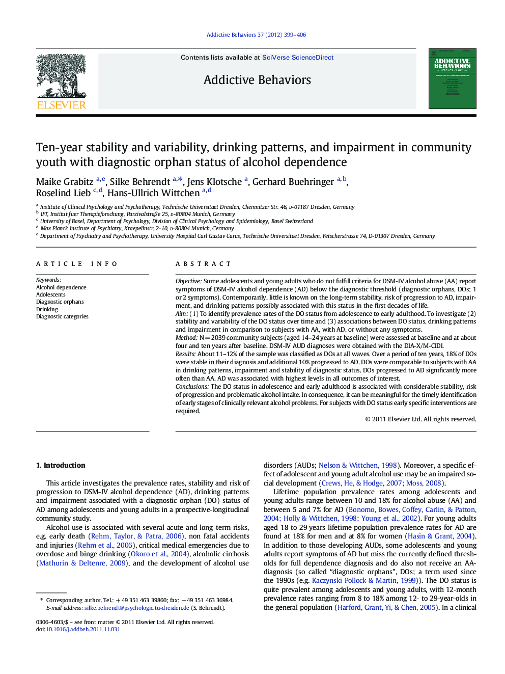 Ten-year stability and variability, drinking patterns, and impairment in community youth with diagnostic orphan status of alcohol dependence