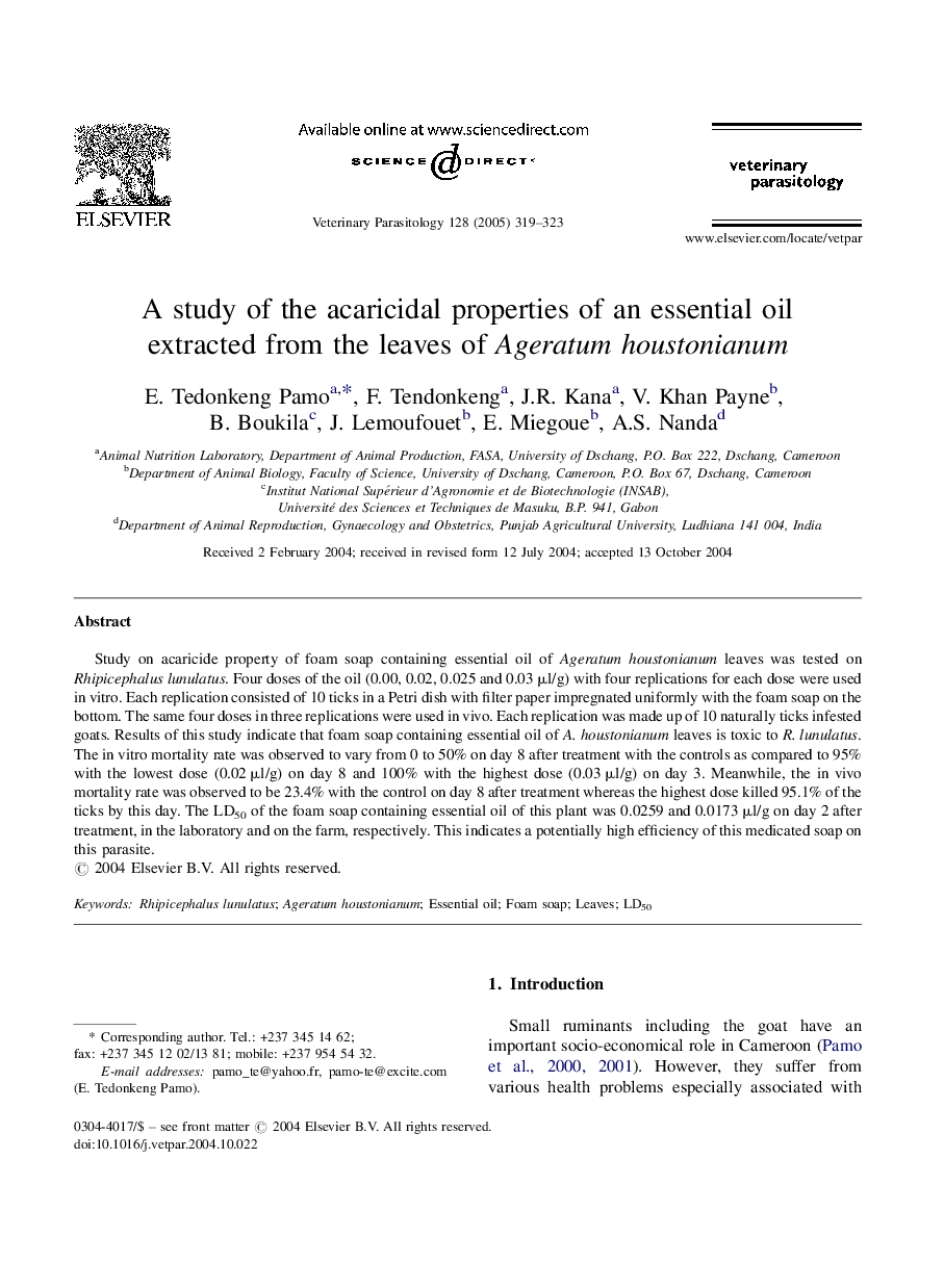 A study of the acaricidal properties of an essential oil extracted from the leaves of Ageratum houstonianum