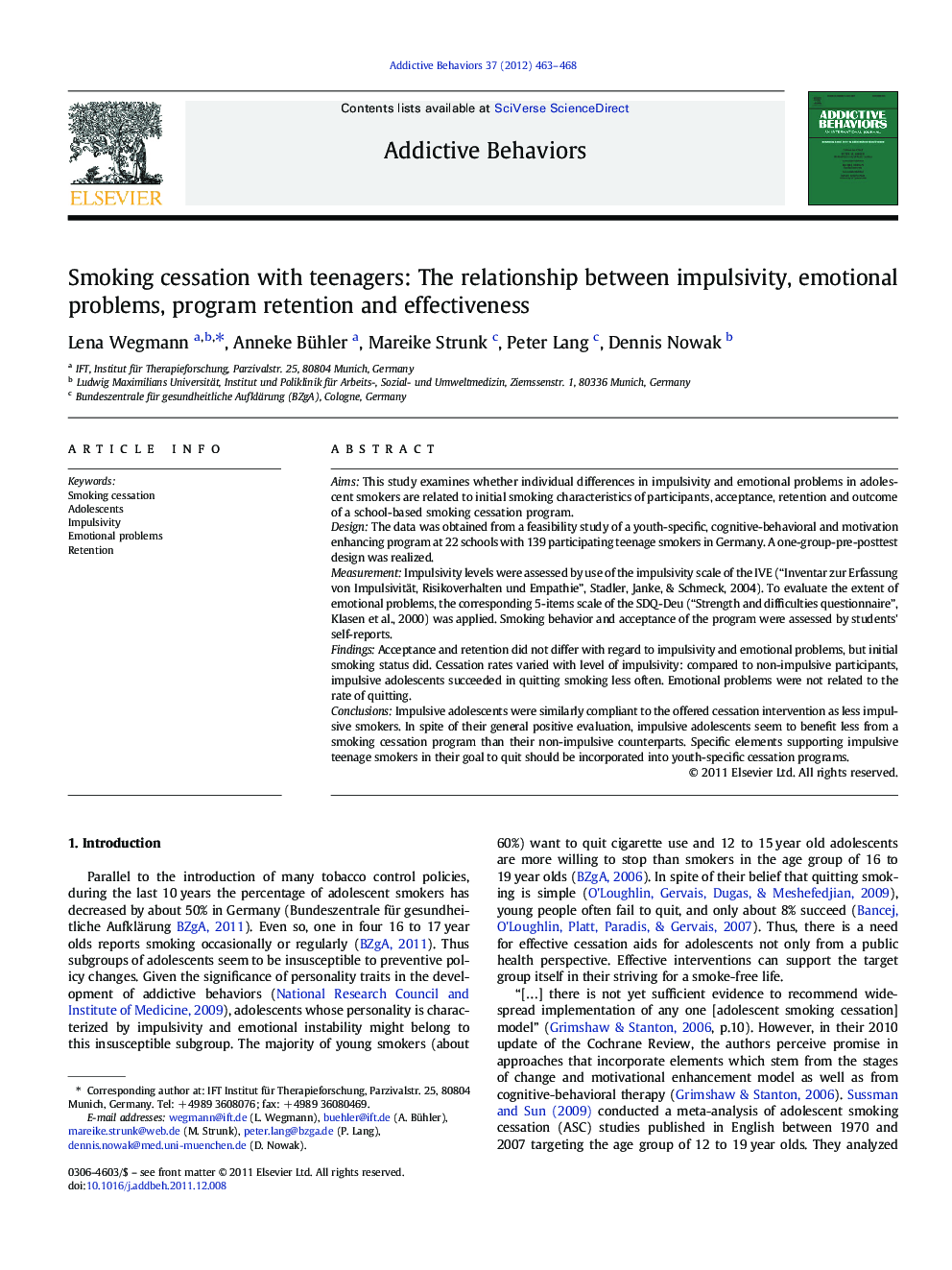 Smoking cessation with teenagers: The relationship between impulsivity, emotional problems, program retention and effectiveness