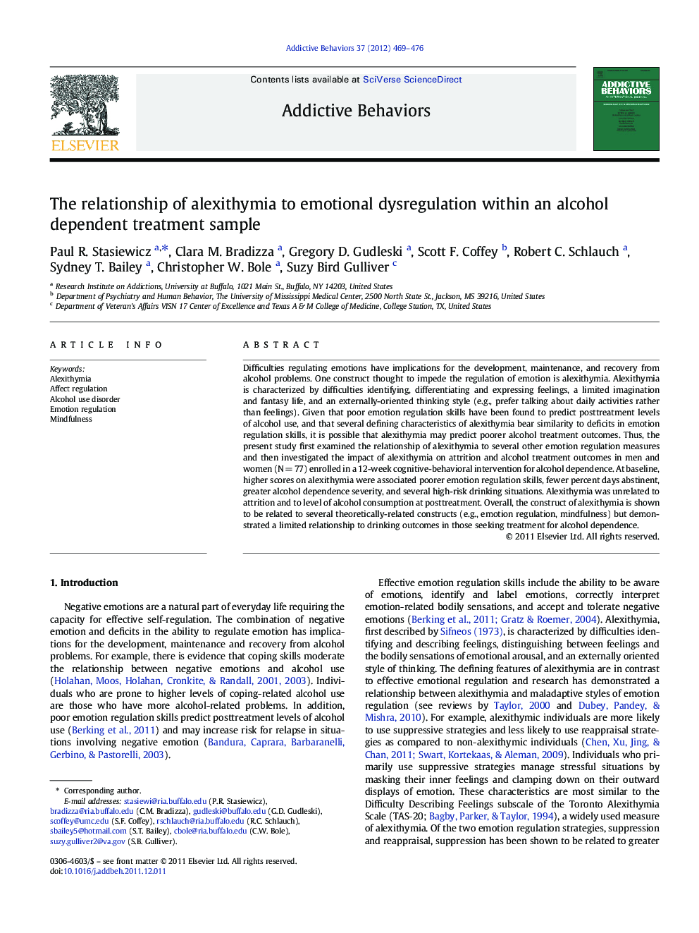 The relationship of alexithymia to emotional dysregulation within an alcohol dependent treatment sample