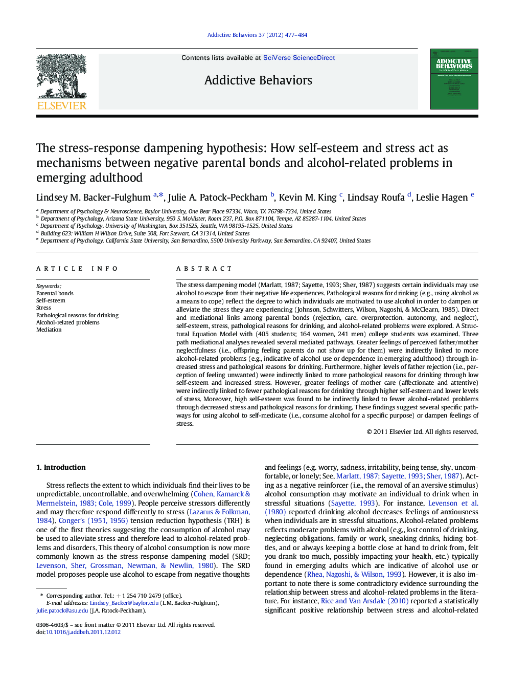 The stress-response dampening hypothesis: How self-esteem and stress act as mechanisms between negative parental bonds and alcohol-related problems in emerging adulthood