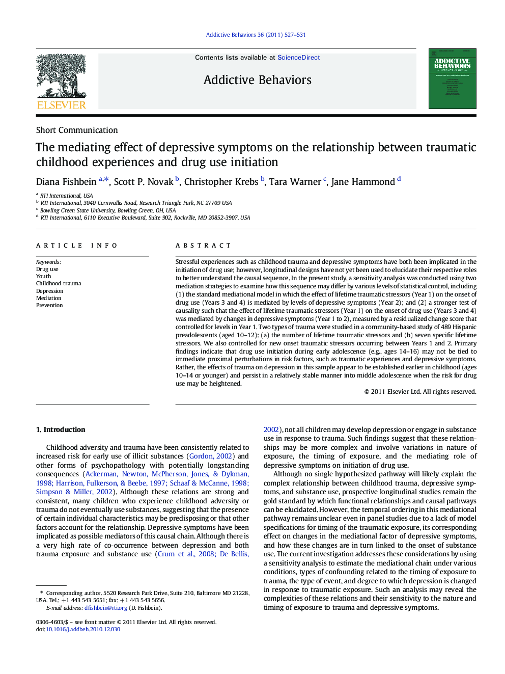 The mediating effect of depressive symptoms on the relationship between traumatic childhood experiences and drug use initiation