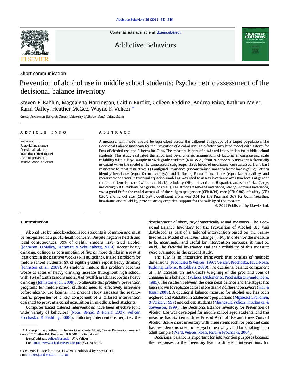 Prevention of alcohol use in middle school students: Psychometric assessment of the decisional balance inventory