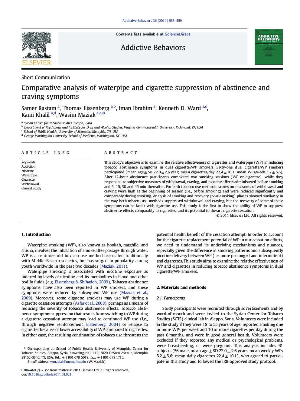 Comparative analysis of waterpipe and cigarette suppression of abstinence and craving symptoms