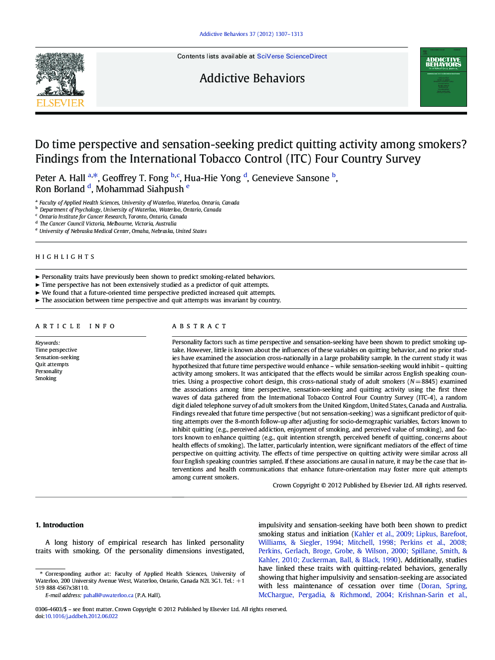 Do time perspective and sensation-seeking predict quitting activity among smokers? Findings from the International Tobacco Control (ITC) Four Country Survey