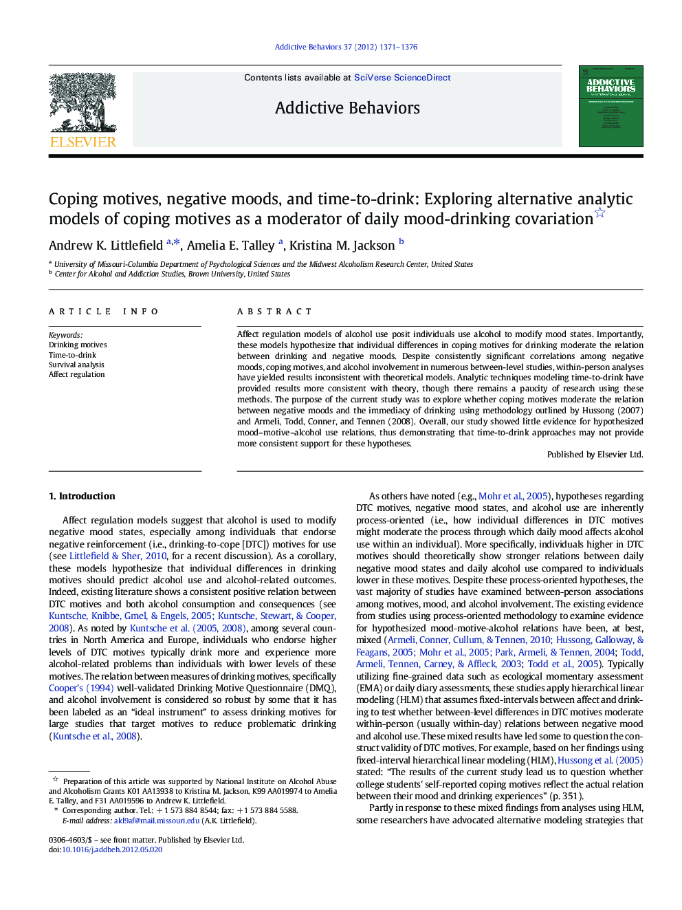 Coping motives, negative moods, and time-to-drink: Exploring alternative analytic models of coping motives as a moderator of daily mood-drinking covariation 