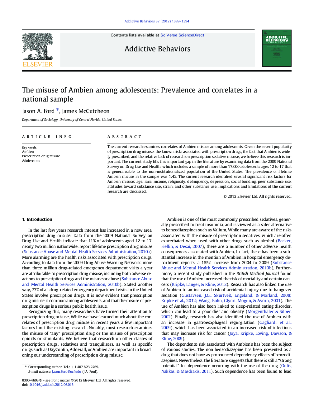 The misuse of Ambien among adolescents: Prevalence and correlates in a national sample
