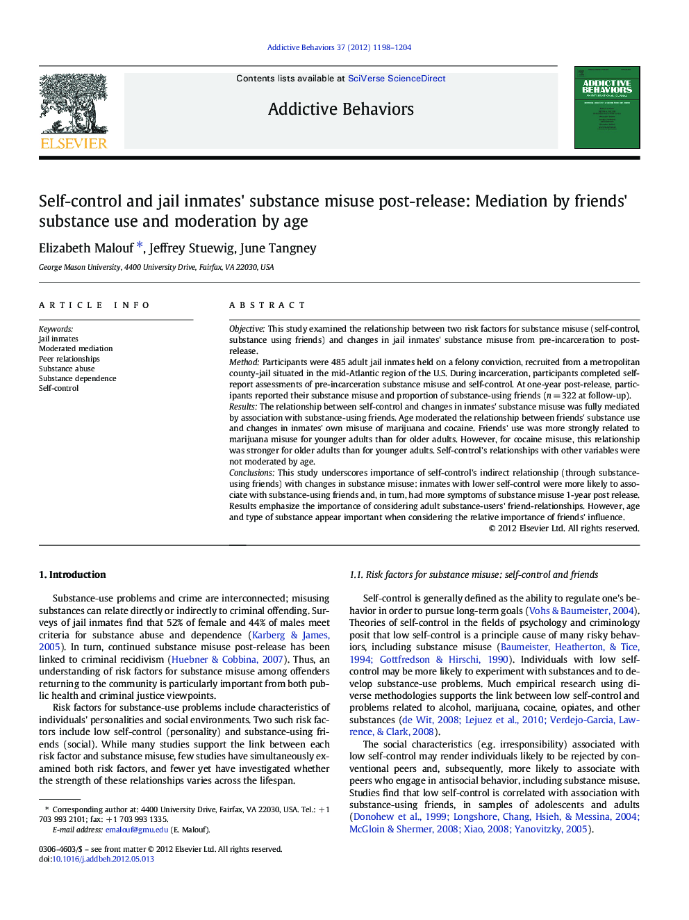 Self-control and jail inmates' substance misuse post-release: Mediation by friends' substance use and moderation by age