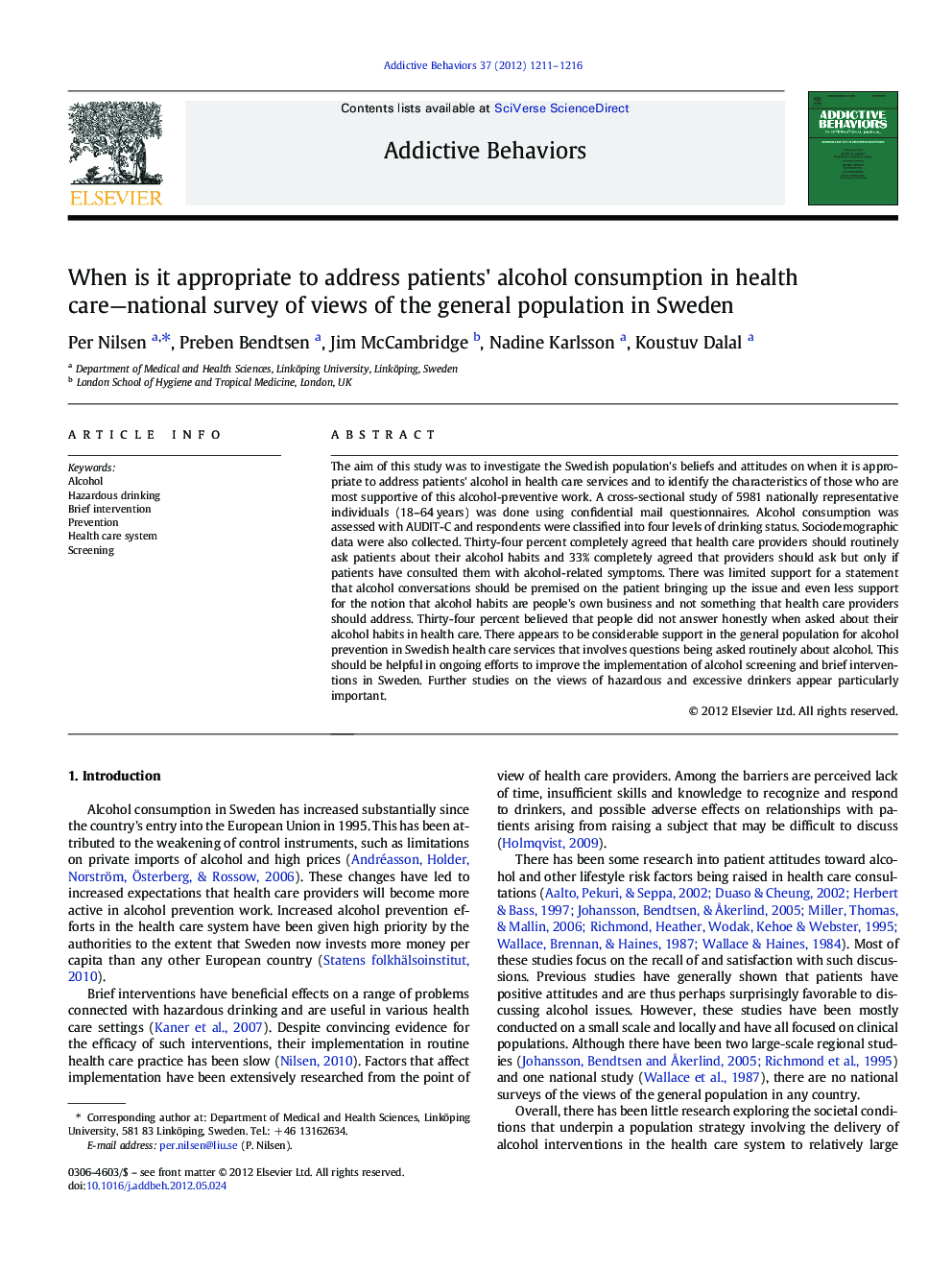عکس صفحه اول مقاله: When is it appropriate to address patients' alcohol consumption in health care—national survey of views of the general population in Sweden When is it appropriate to address patients' alcohol consumption in health care—national survey of views of the general population in Sweden