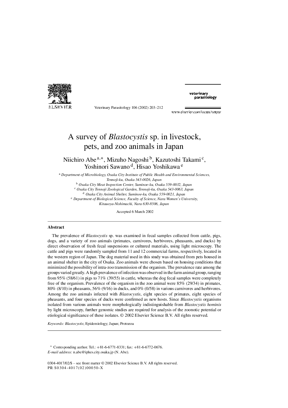 A survey of Blastocystis sp. in livestock, pets, and zoo animals in Japan