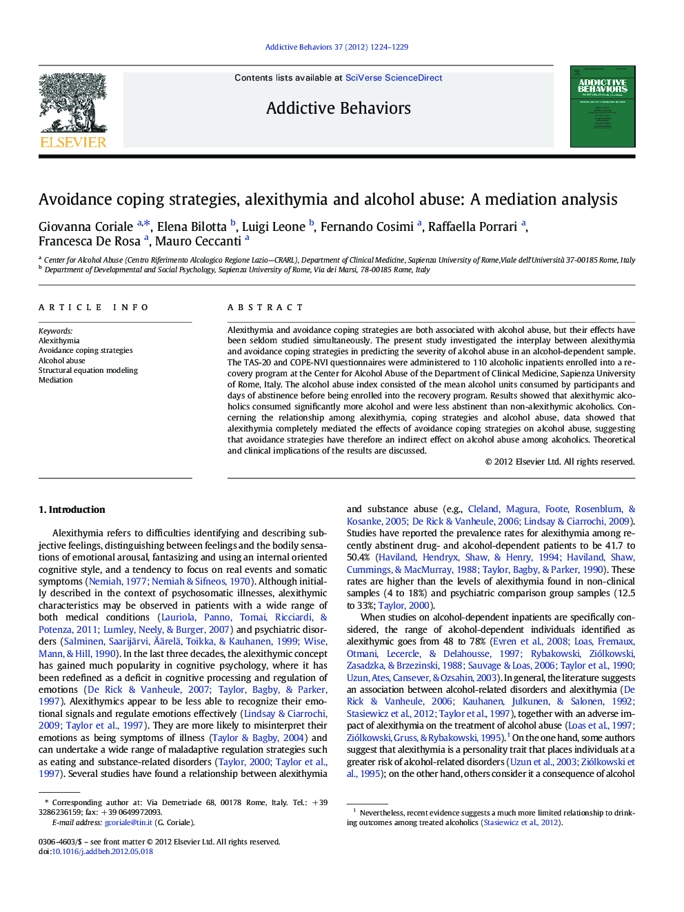 Avoidance coping strategies, alexithymia and alcohol abuse: A mediation analysis