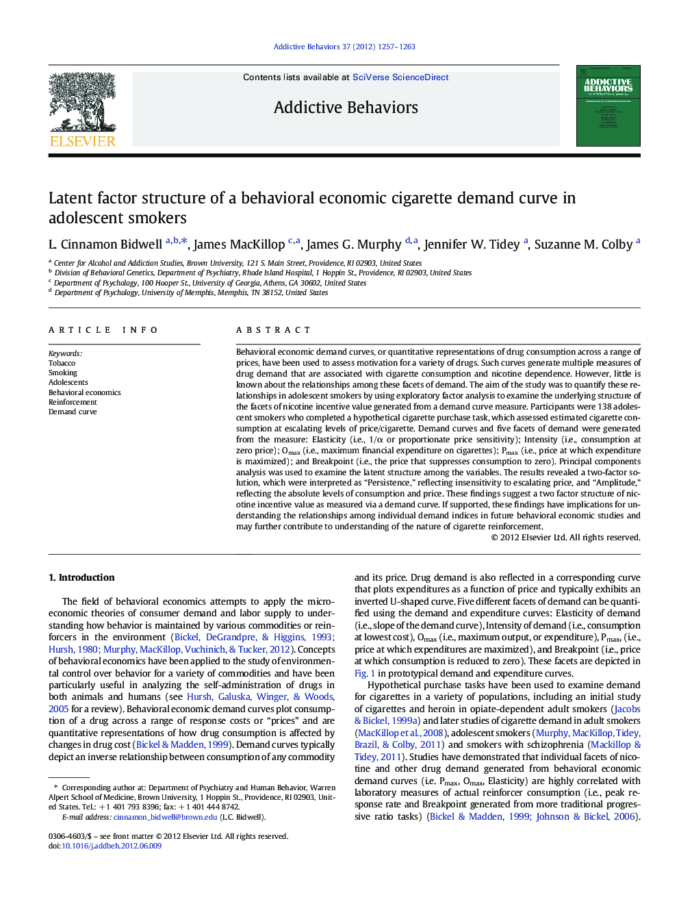 Latent factor structure of a behavioral economic cigarette demand curve in adolescent smokers