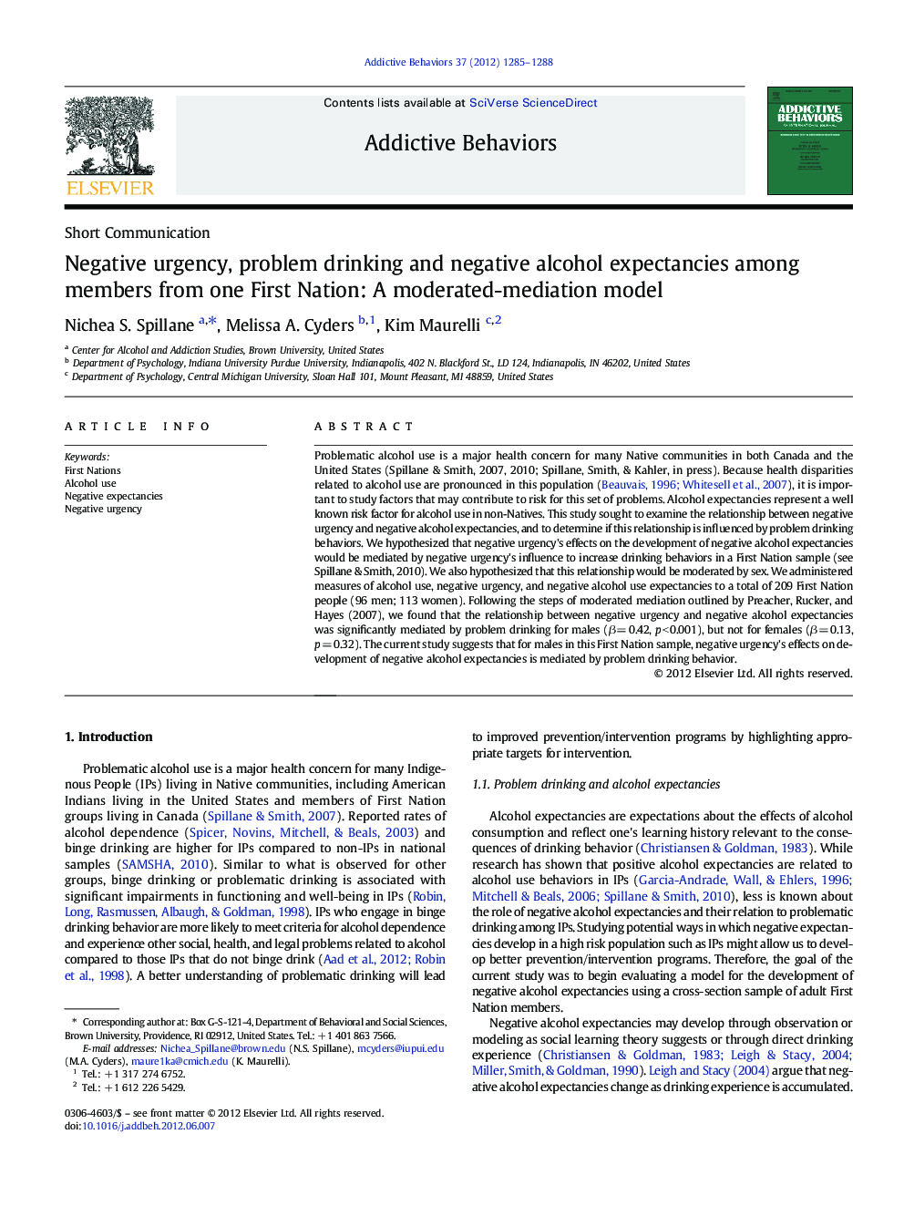 Negative urgency, problem drinking and negative alcohol expectancies among members from one First Nation: A moderated-mediation model