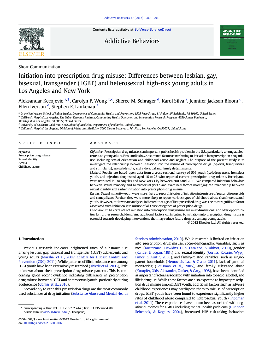 Initiation into prescription drug misuse: Differences between lesbian, gay, bisexual, transgender (LGBT) and heterosexual high-risk young adults in Los Angeles and New York