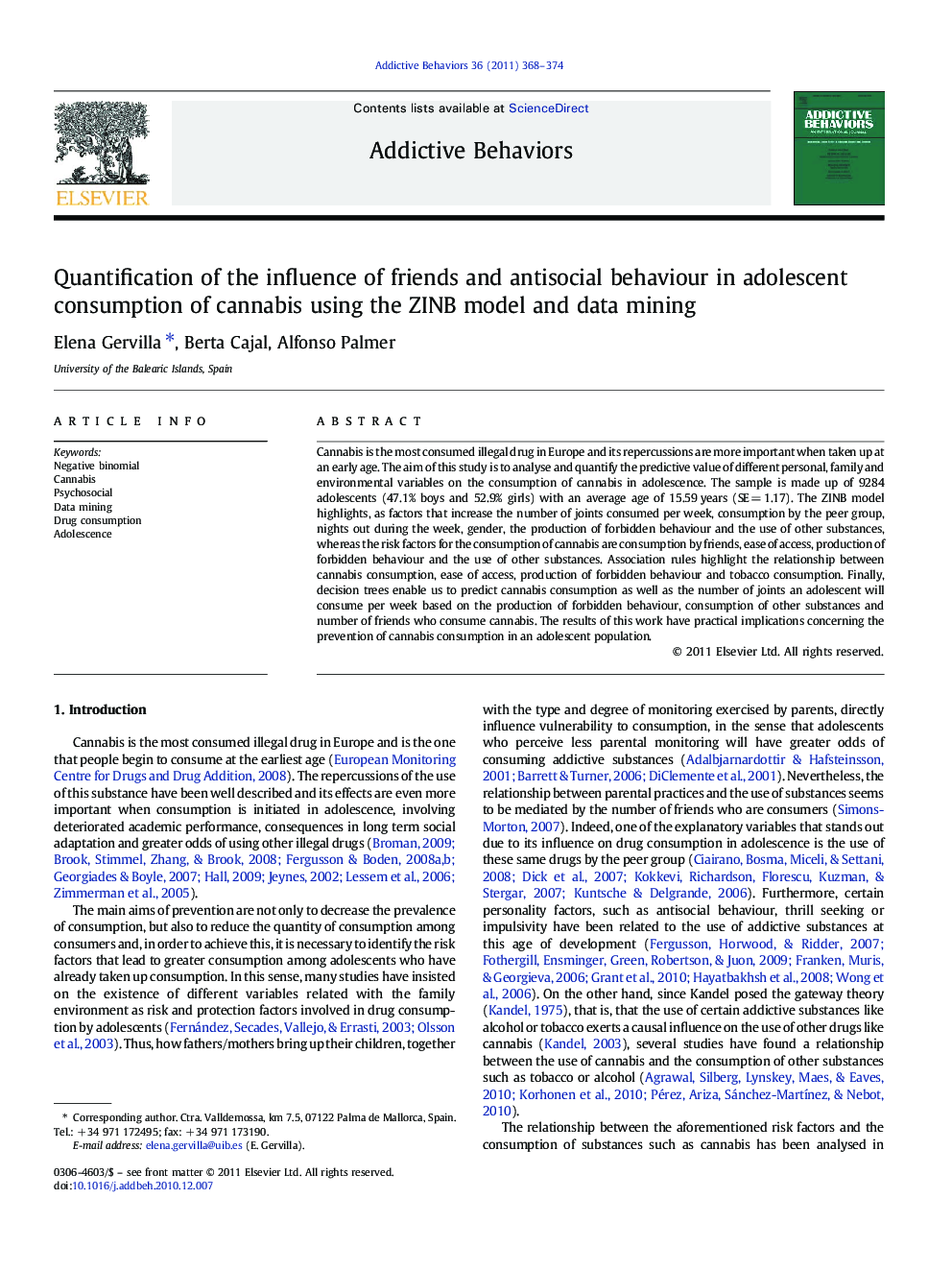 Quantification of the influence of friends and antisocial behaviour in adolescent consumption of cannabis using the ZINB model and data mining
