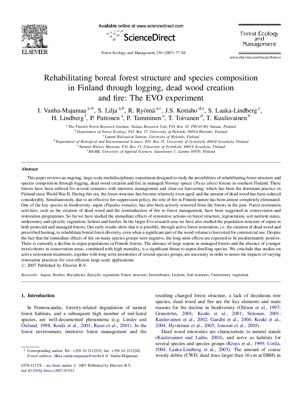 عکس صفحه اول مقاله: Rehabilitating boreal forest structure and species composition in Finland through logging, dead wood creation and fire: The EVO experiment Rehabilitating boreal forest structure and species composition in Finland through logging, dead wood creation and fire: The EVO experiment