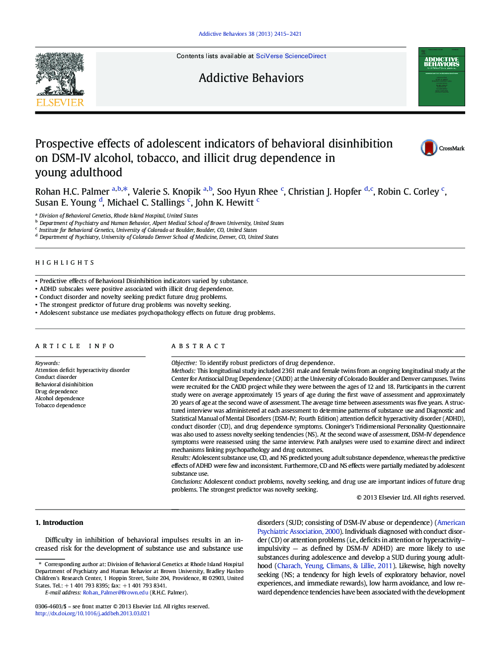Prospective effects of adolescent indicators of behavioral disinhibition on DSM-IV alcohol, tobacco, and illicit drug dependence in young adulthood