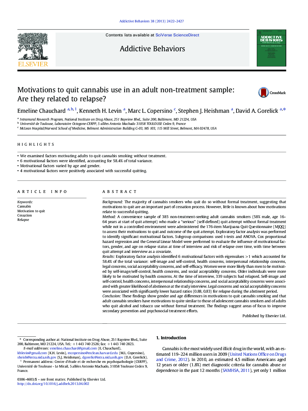 Motivations to quit cannabis use in an adult non-treatment sample: Are they related to relapse?