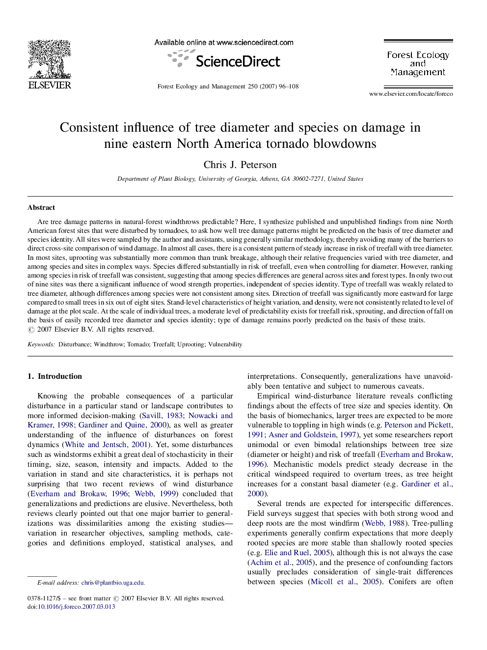 Consistent influence of tree diameter and species on damage in nine eastern North America tornado blowdowns