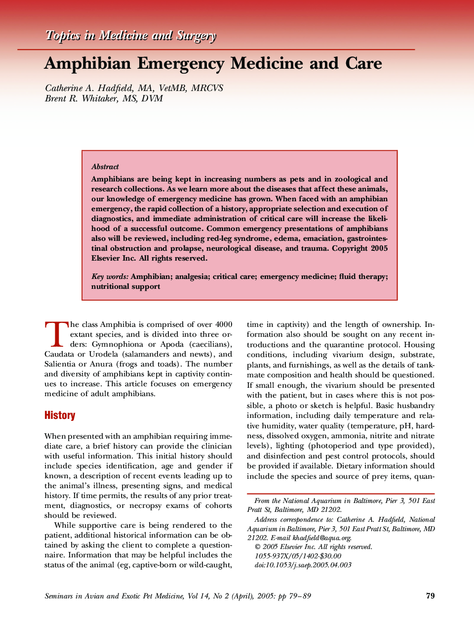 عکس صفحه اول مقاله: Amphibian Emergency Medicine and Care Amphibian Emergency Medicine and Care
