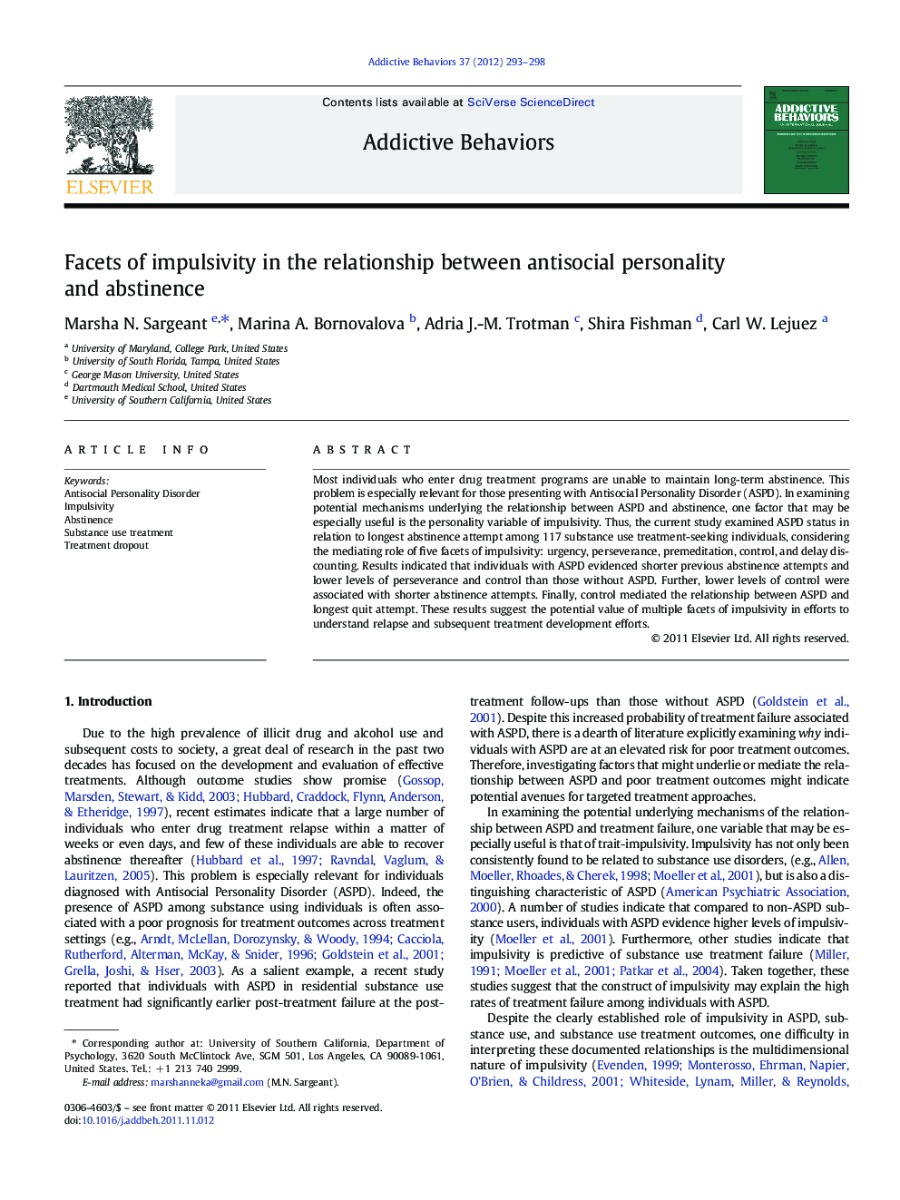 Facets of impulsivity in the relationship between antisocial personality and abstinence