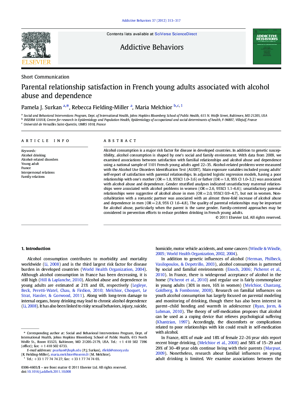 Parental relationship satisfaction in French young adults associated with alcohol abuse and dependence