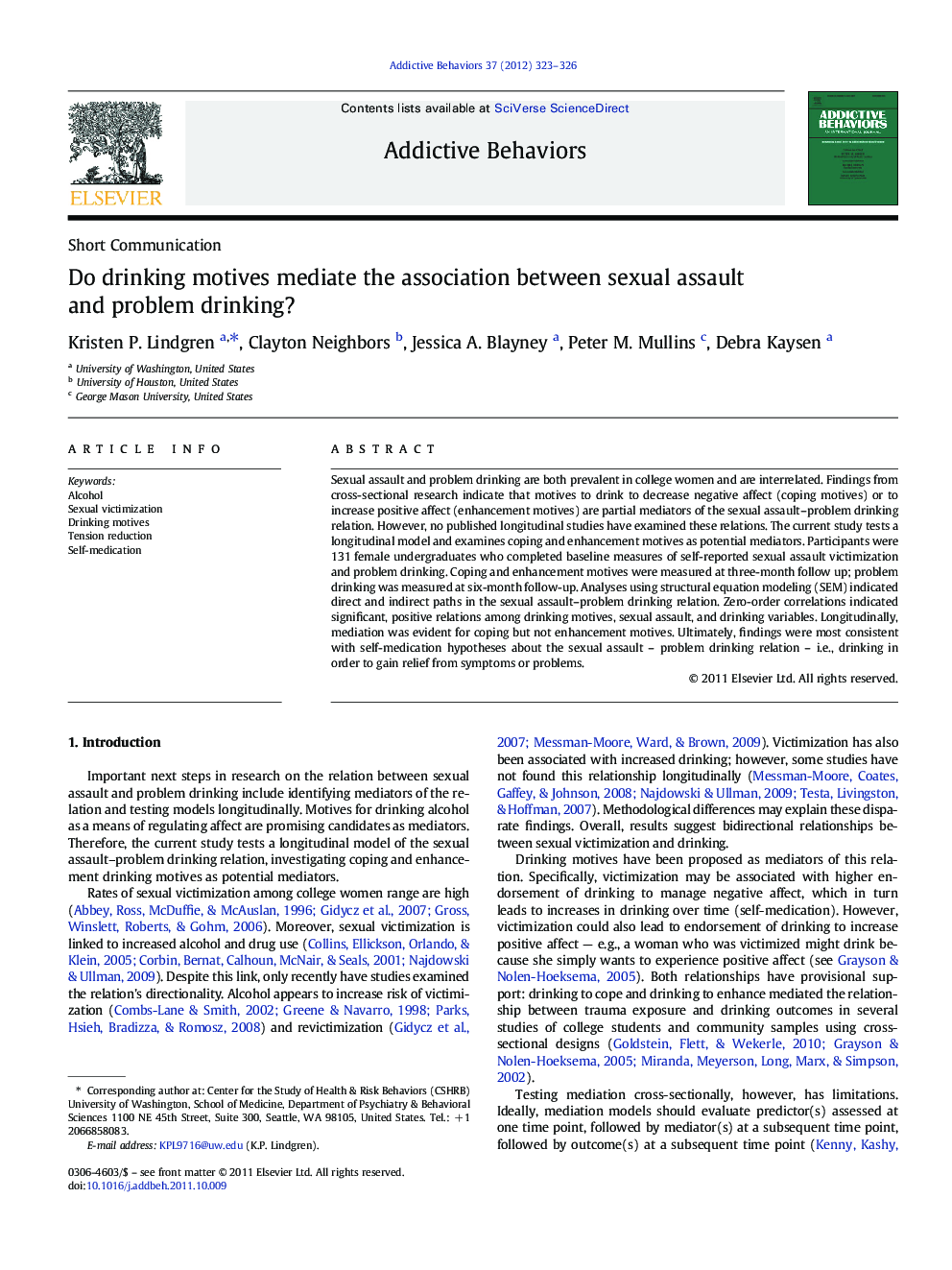 Do drinking motives mediate the association between sexual assault and problem drinking?