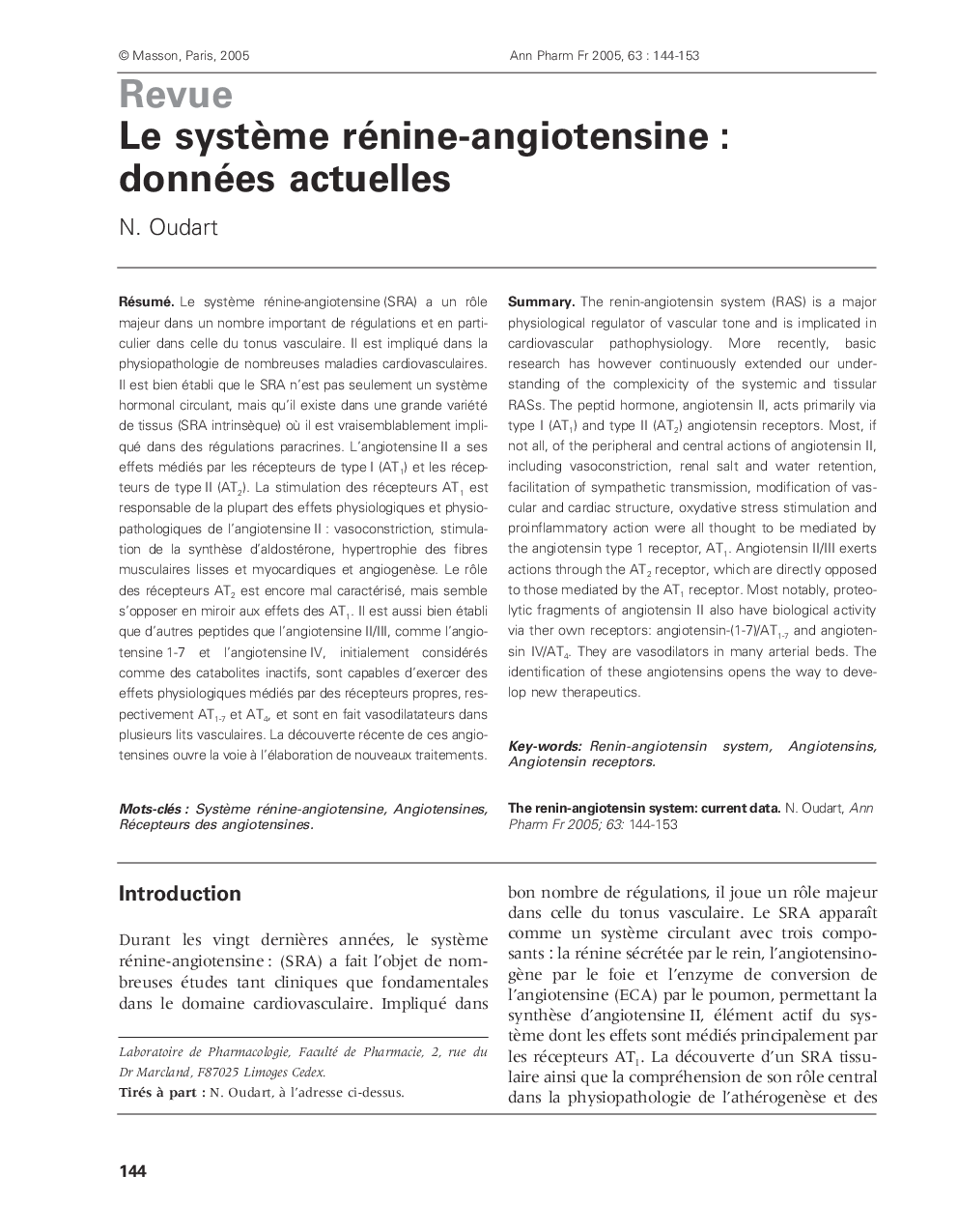 Le systÃ¨me rénine-angiotensine : données actuelles