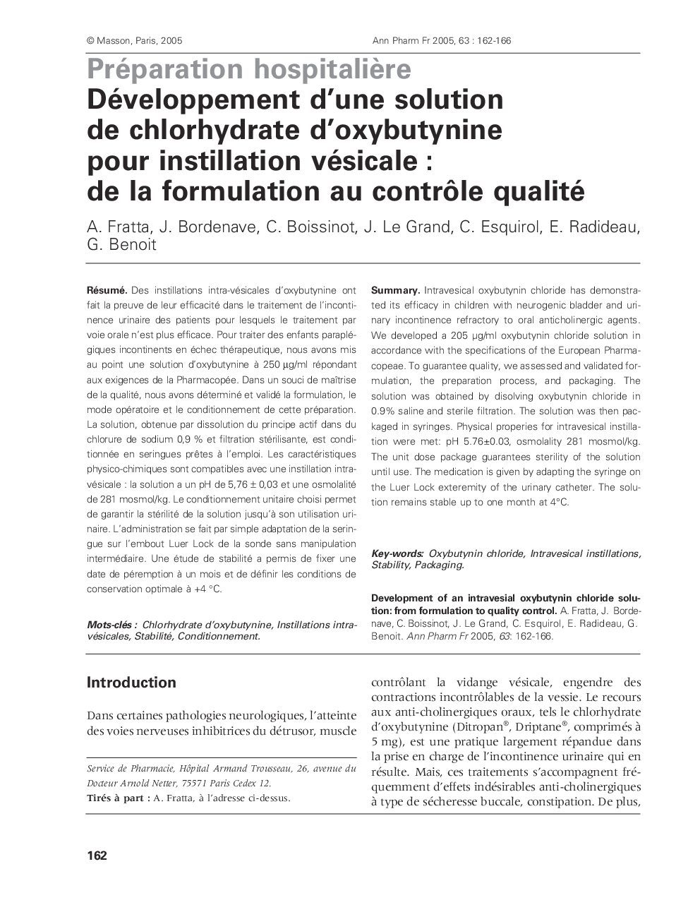 Développement d'une solution de chlorhydrate d'oxybutynine pour instillation vésicale : de la formulation au contrÃ´le qualité