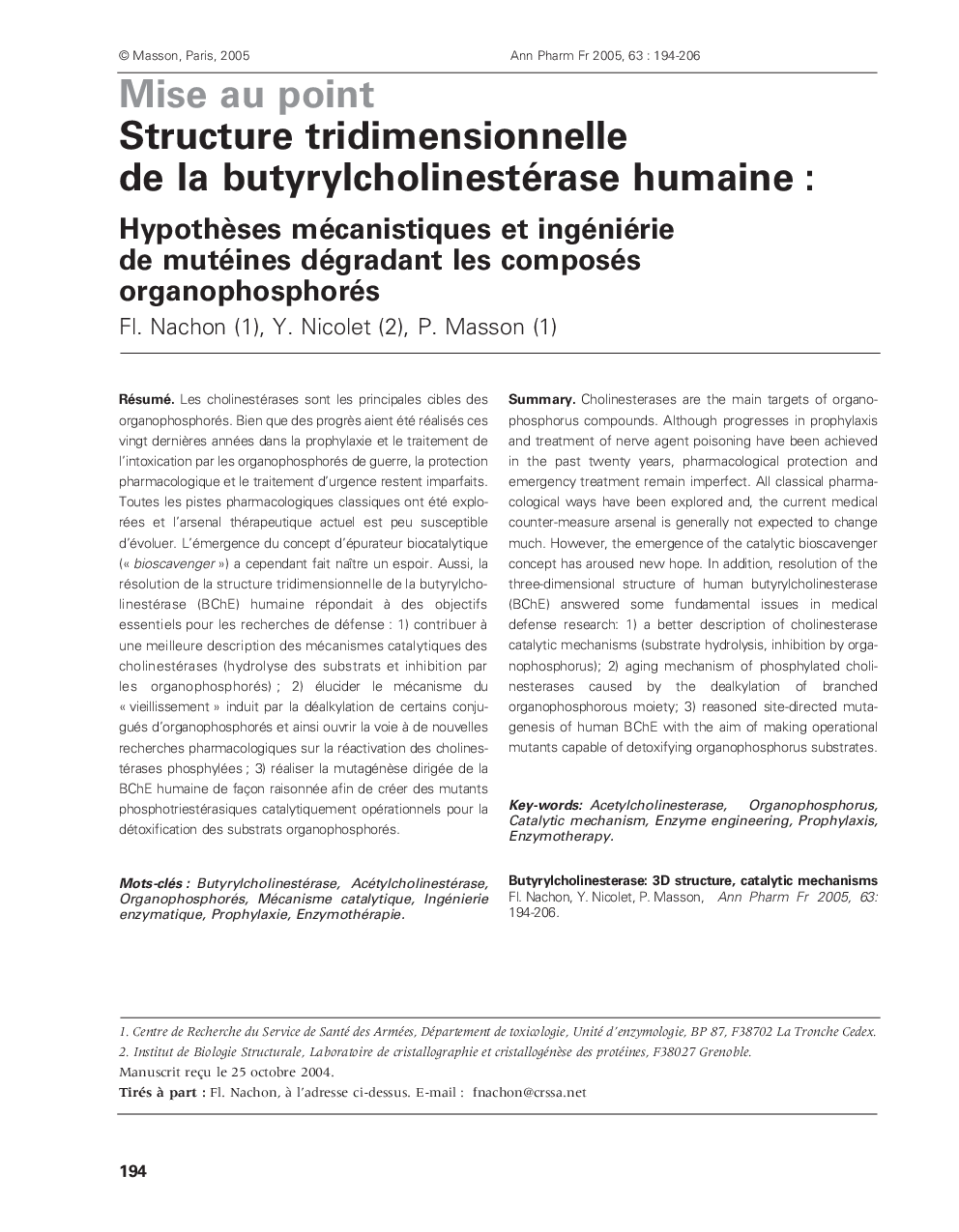 Structure tridimensionnelle de la butyrylcholinestérase humaine :