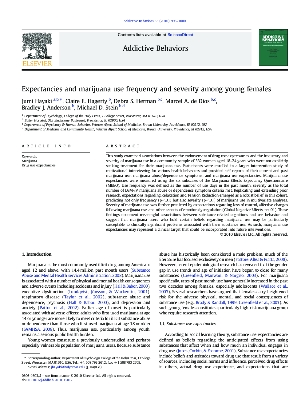 Expectancies and marijuana use frequency and severity among young females