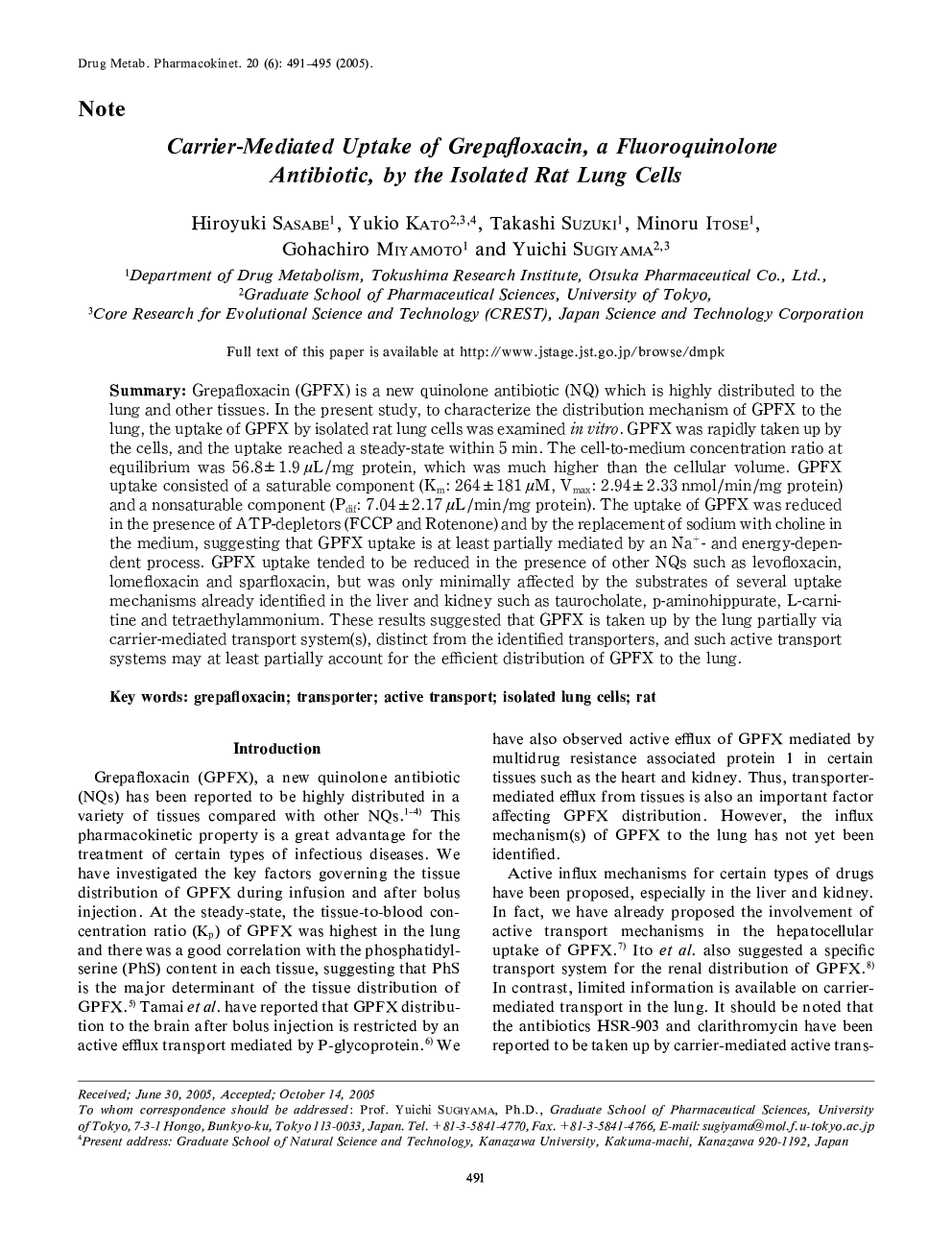 Carrier-Mediated Uptake of Grepafloxacin, a Fluoroquinolone Antibiotic, by the Isolated Rat Lung Cells