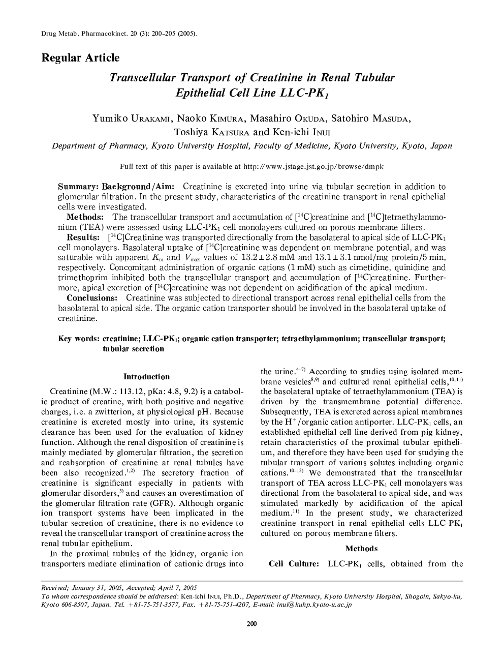 Transcellular Transport of Creatinine in Renal Tubular Epithelial Cell Line LLC-PK1